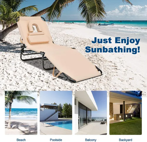 Vista 6 de Goplus Silla bronceadora, silla de playa plegable con orificio para la cara, almohada extraíble, capacidad de 350 libras, correa de transporte