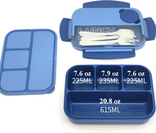 Vista 6 de Bento Box - Lonchera para adultos, recipientes de 44 onzas con 4 compartimentos, contenedor de alimentos con utensilios, tarro de salsa, apto