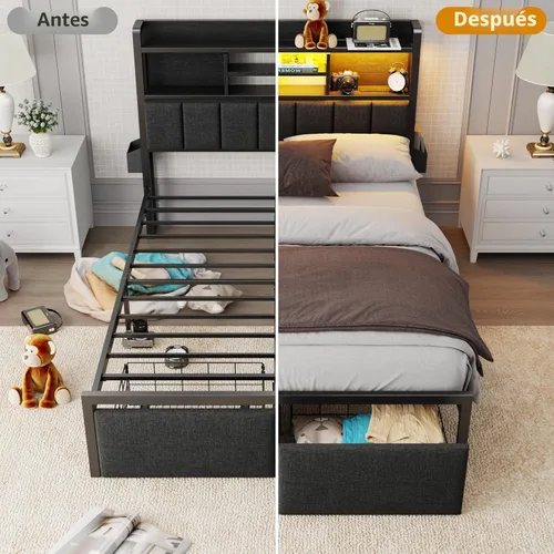 Vista 7 de Furnulem Marco de Cama Tamaño Full con Cabecera Tapizada, Marco de Cama Full con Cajones de Almacenamiento, Estación de Carga y Luces LED