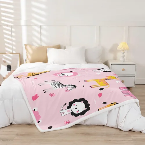 Vista 2 de Cartoon Animal Throw Flannel Blanket,Giraffe Zebra Lion Elephant Fleece Throw Blanket for Home Decor Sofa Couch,Pink Romantic Fleece Blanket,40"x50