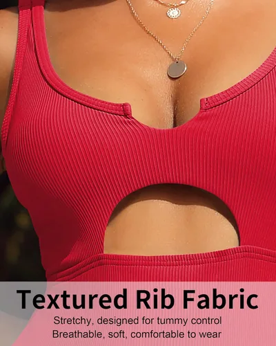 Vista 5 de Charmo Traje de baño acanalado de una pieza para mujer, con cuello redondo, corte alto, acolchado, monokini