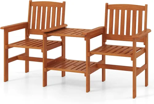 Vista 9 de RELAX4LIFE Sofá de dos plazas para exteriores con mesa integrada, sillas de patio de madera con mesa central y agujero para paraguas, banco
