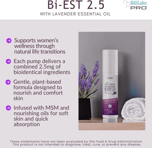 Vista 3 de BioLabs PRO - Crema natural bioidéntica 2.5 Estro, combo para mujeres, suministro de dos meses (lavanda-3 onzas), Beige
