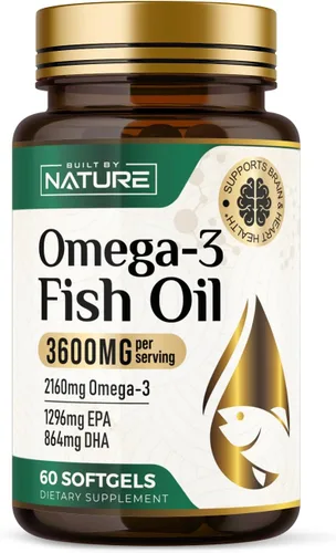 Built by Nature Aceite de pescado Omega-3 3600 mg – Alto EPA y DHA – 2160 mg Omega 3 por porción – Cápsulas blandas sin eructos de triple fuerza –