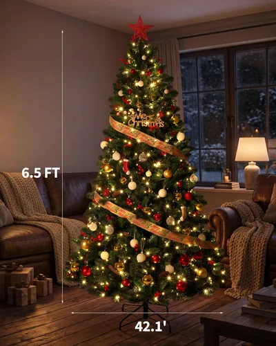Vista 6 de Aptliton Árbol de Navidad artificial con luces LED, árbol sintético completo para decoración interior del hogar, soporte incluido, verde regular