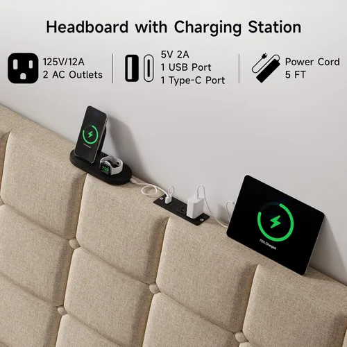Vista 4 de Cabecera ergonómica tapizada de tamaño completo con estación de carga, cabeceros wingback de lino con bolsillo de almacenamiento, solo cabecero