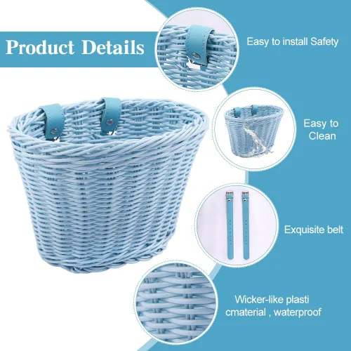 Vista 5 de Juego de cestas de bicicleta, cesta de bicicleta para niñas, accesorios de bicicleta delantera, canasta pequeña de mimbre tejida con manillar