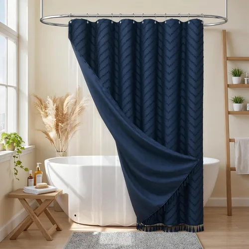 Vista 232 de Dynamene - Cortina de ducha de tela bohemia con rayas con chebrón en relieve, juego de cortina angosta para baño, media cortina impermeable