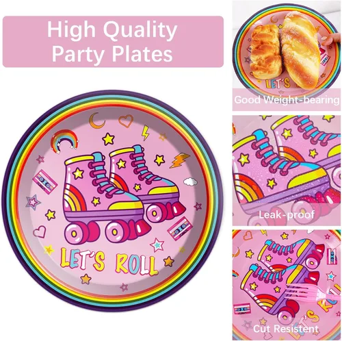 Vista 3 de Qyeahkj 100 piezas de platos y servilletas de patinaje en línea para fiesta rosa, suministros de decoración de cumpleaños con temática de patinaje