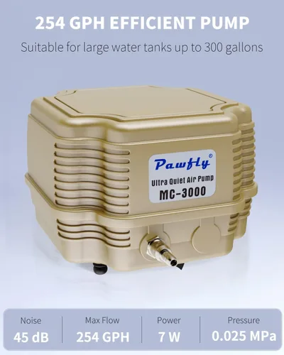 Vista 2 de Pawfly Bomba de aire de acuario de 254 GPH Bomba aireadora de oxígeno silenciosa ajustable con control de flujo de aire multipuerto, divisor