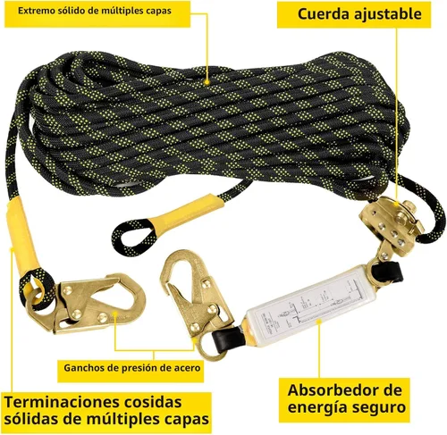 Vista 2 de Arnés de seguridad con cuerda TRSMIMA: Cuerda vertical de 50 pies para techado con mosquetones de enganche y amortiguador de choques - Kit de línea