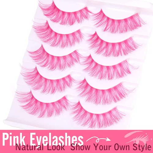 Vista 2 de Pestañas de color rosa de ojo de gato, pestañas postizas de Halloween con banda transparente de color de volumen completo, pestañas de imitación