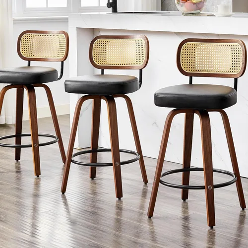 Vista 7 de Juego de 2 taburetes de bar de ratán natural, taburetes de bar tapizados de cuero PU de altura de mostrador con respaldo y patas de madera curvada