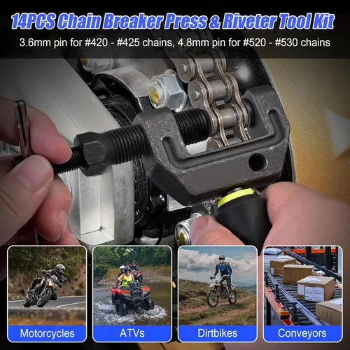 Vista 4 de Kit de herramientas para romper cadenas de motocicleta, juego de 14 piezas, cortador de cadena, herramienta de extracción de eslabones y prensa
