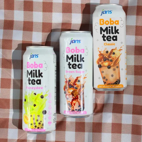 Vista 9 de Jans Boba Milk Tea Sabor original, dulce cremoso de tapioca taiwanesa Bubble Boba, bebida asiática estilo té con leche real, bebida enlatada de 16.9