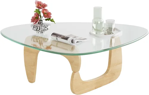 Vista 10 de WLIVE Mesa de café, mesa de café pequeña de vidrio con patas de madera maciza, mesas de sala de estar triangulares de 32.7" de mediados de siglo