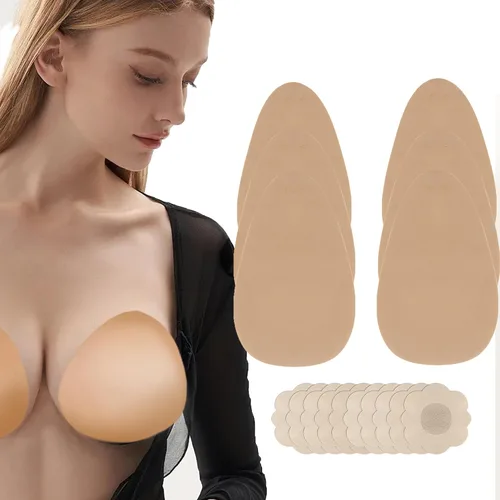 Vista 8 de Cinta adhesiva para sujetador, cinta adhesiva para pechos, 3 pares de cintas adhesivas para senos grandes A-G con empanadas para pezones Beige