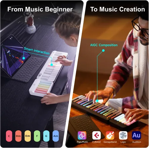 Vista 8 de Teclado de piano inteligente Popupiano, teclado de piano digital de 59 teclas para principiantes, luces LED arcoíris y aplicaciones gratuitas, 256