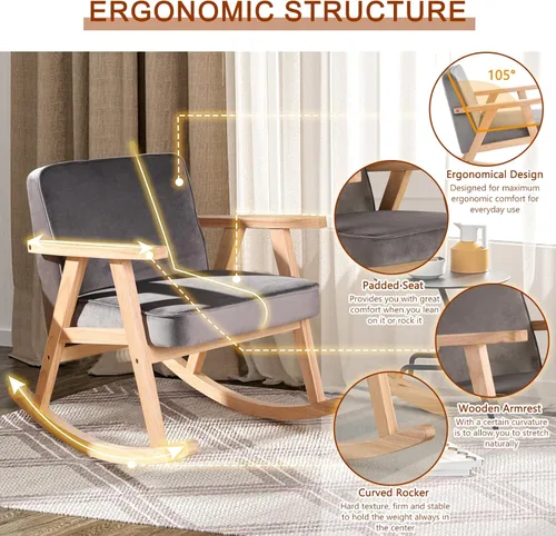 Vista 5 de Silla mecedora decorativa, moderna silla mecedora con asiento acolchado, sofá individual de madera para sala de estar, dormitorio, oficina