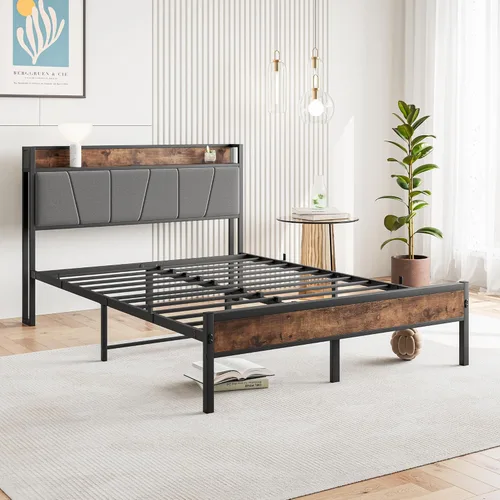 Vista 6 de BOFENG Base de cama de tamaño matrimonial con cabecera de almacenamiento, estación de carga USB, plataforma de metal resistente, marco de cama doble