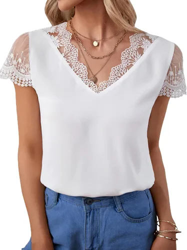 OYOANGLE Blusa casual de manga corta con cuello en V para mujer, con bordado de malla de contraste, para el trabajo y la oficina