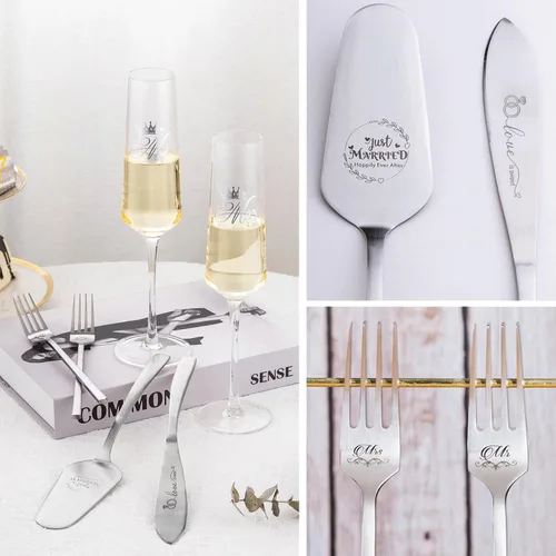 Vista 3 de Juego de cuchillo y servidor para pastel de boda, copas de champán para regalos de despedida de soltera Dorado