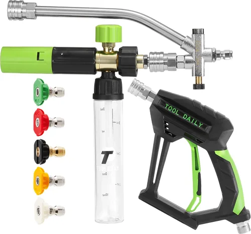 Tool Daily Pistola de lavado a presión corta con mini cañón de espuma, accesorio de doble conector, 5 puntas de boquilla de lavadora eléctrica,