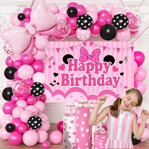 Vista 7 de Suministros de fiesta de cumpleaños rosa - Kit de arco de guirnalda de globos rosa y negro, decoración, fondo para niños pequeños