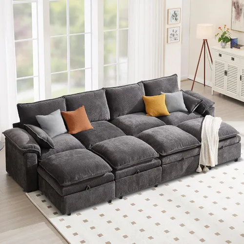 Vista 12 de Sofá Seccional Modular en Forma de L de 100", Sofá con Almacenamiento Otomano, Sofá Nube de Chenilla con Asientos Profundos y Mullidos para Sala