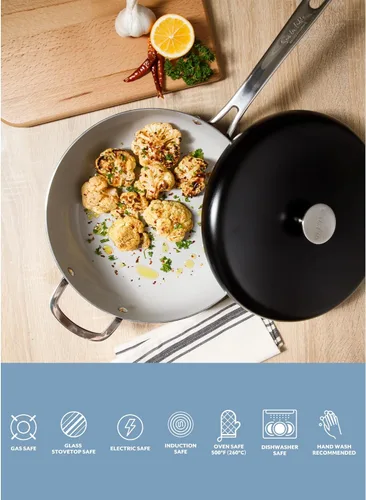 Vista 7 de Sur La Table Kitchen Essentials Potluck Porch - Sartén para saltear de 4.5 cuartos, sartén profunda para freír con tapa, aluminio, utensilios