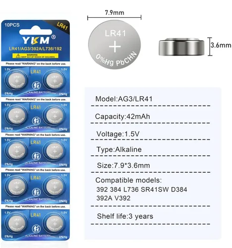 Vista 2 de YKM Paquete de 10 pilas de botón LR41 AG3 L736f L736c L736 392 192 1.5V pilas alcalinas para termómetro reloj batería