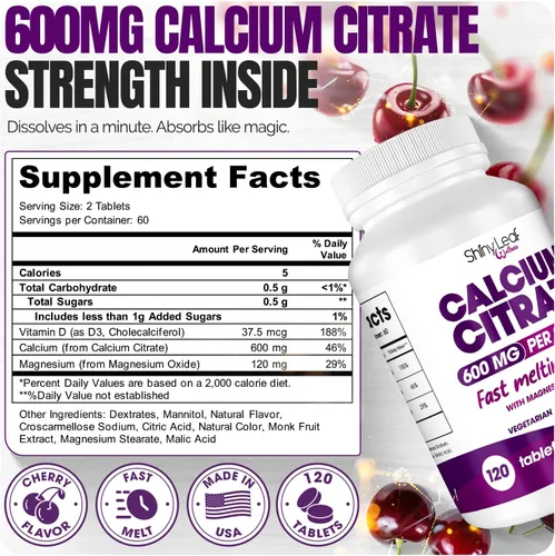 Vista 2 de Shiny Leaf Citrato de calcio bariátrico de 600 mg con magnesio y vitamina D3, tabletas de disolución rápida con sabor a cereza, suplemento de calcio