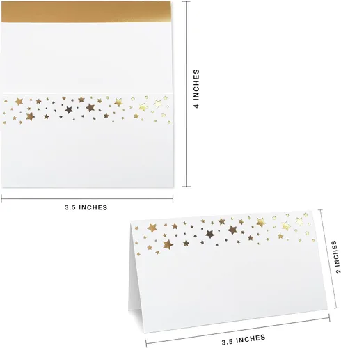 Vista 6 de CLEVER SIGNS Paquete de 100 tarjetas de lugar doradas para recepción de bodas, 2 x 3.5, diseño doble, estrellas y líneas de lámina dorada