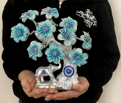 Vista 4 de Blue Evil Eye Turkish Nazar Lucky Forutne Tree Bonsái con elefante decoración de oficina en casa (plata-azul)