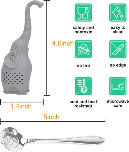 Vista 2 de Numola Juego de 2 Infusores de Té de Silicona, Lindo Colador de Té de Hojas Sueltas con Forma de Elefante con Cucharadita de Acero Inoxidable