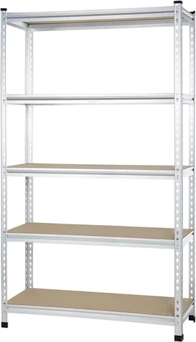 Vista 8 de Amazon Basics - Estantería de almacenamiento de resistencia media de doble poste, 5 niveles, tablero prensado, aluminio, 36 x 18 x 72 Servicio