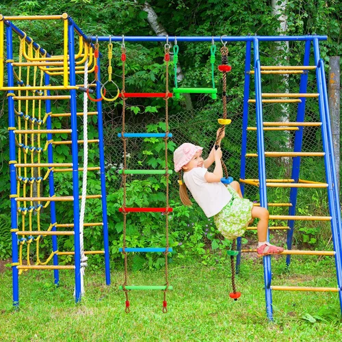 Vista 7 de Ninja Warrior Kit de carrera de obstáculos para niños Ninja Slackline con 10 accesorios, barras de mono, escalera, cuerda de escalada, anillos