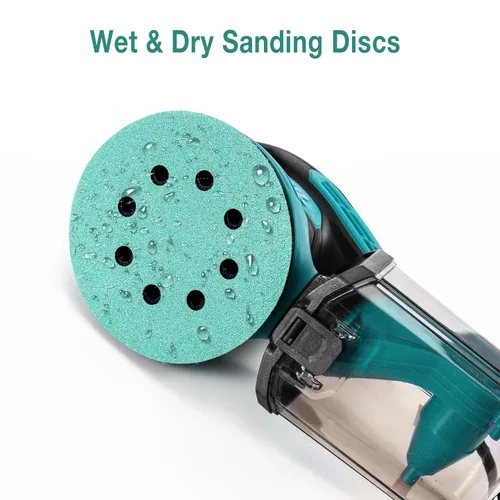 Vista 4 de Discos de Lijado Húmedo y Seco de 5 Pulgadas de 8 Agujeros 80/120/180/220/320 Granos Surtidos, Papel de Lijado de Gancho y Bucle de Película