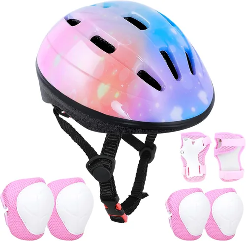 Casco de bicicleta para niños de 3 a 8 años, casco ajustable para niños y niñas, casco ajustable con rodilleras, coderas, muñequeras, equipo de