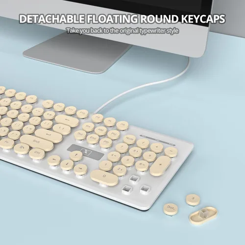 Vista 3 de Teclado de máquina de escribir retro con cable, teclado silencioso de computadora iluminado con 104 teclas redondas de tamaño completo, Azul