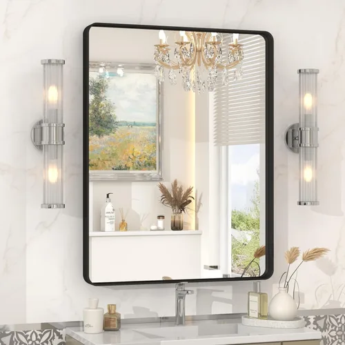 Vista 16 de Espejo rectangular para pared de baño de 20x30 pulgadas con marco negro mate, espejo de tocador con esquinas redondeadas, espejo de baño de metal