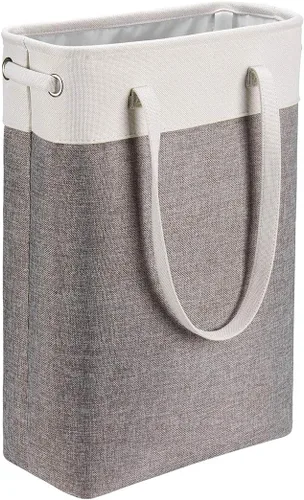 Vista 12 de i BKGOO Cesta de ropa sucia con asas beige y marrón, cesta de lavandería delgada plegable, cesta de ropa sucia estrecha, bolsa de lavandería