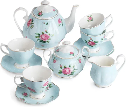 BTaT - Juego de té floral para adultos, 13 piezas, servicio para 4, olla (38 onzas) y tazas (8 onzas) con platillos, diseño floral azul pastel,