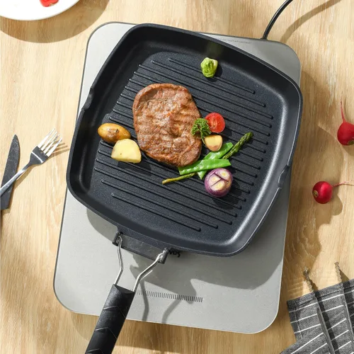 Vista 2 de S·KITCHN Sartén para parrilla con mango plegable, sartén antiadherente para estufas, sartén cuadrada compatible con inducción con boquillas