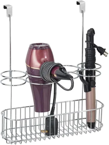 mDesign - Canasta de almacenamiento de metal para poner sobre la puerta del gabinete,para cuidado del cabello y herramientas de peinado, Acero,