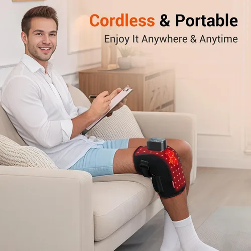 Vista 4 de Comfytemp Rodillera de terapia de luz roja 3D con masaje de vibración, masajeador inalámbrico HSA de 5000 mAh elegible por la FSA, soporte de luz