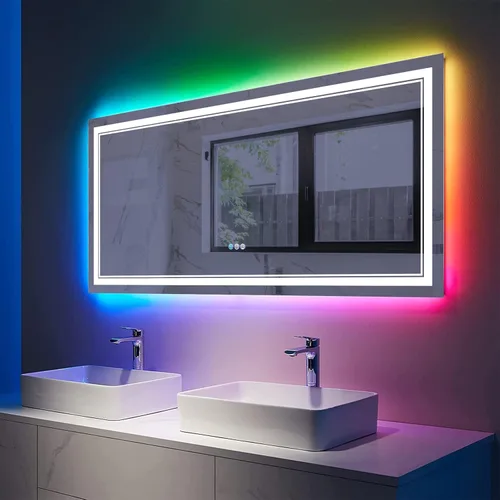 Vista 89 de Espejo de baño LED de 48 x 40 pulgadas con luces, retroiluminado y frontal iluminado para pared, espejo de tocador LED inastillable con memoria
