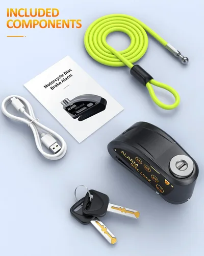 Vista 5 de Candado recargable Onvian para motocicleta con alarma de 120 dB y cable de recordatorio de acero de 1.8 m, para motocicletas, bicicletas, ebikes