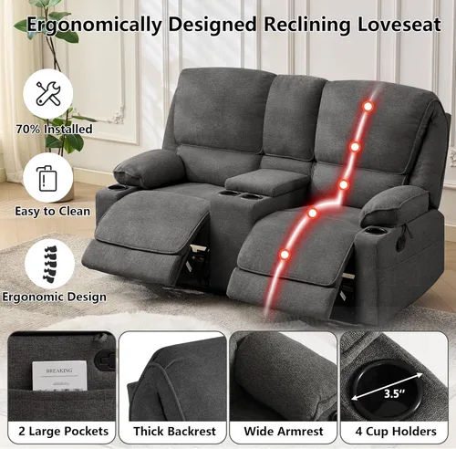 Vista 4 de Sofá reclinable doble de 67.9 pulgadas, sofá reclinable para caravana, soporte de pared reclinable, sofá reclinable manual, asientos de cine