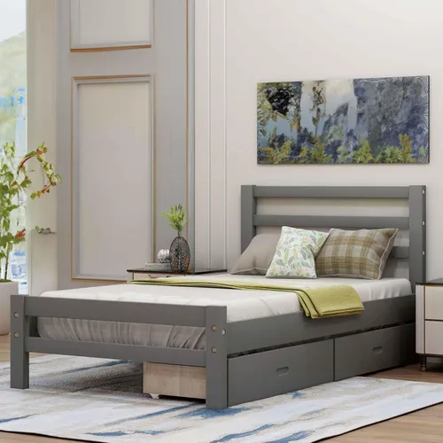 Vista 6 de Base de cama con 2 cajones, base de cama moderna de plataforma de madera con cabecero para niños, adolescentes y adultos, base de colchón Camas, sin